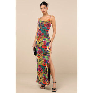 Lulus Sunniva Black Multi Print Mesh Cowl Maxi Dress - Size M